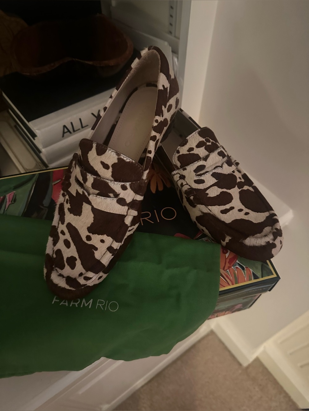 NIB FARM Rio cow print haircalf Monstera heeled loafers - Picture 5 of 8